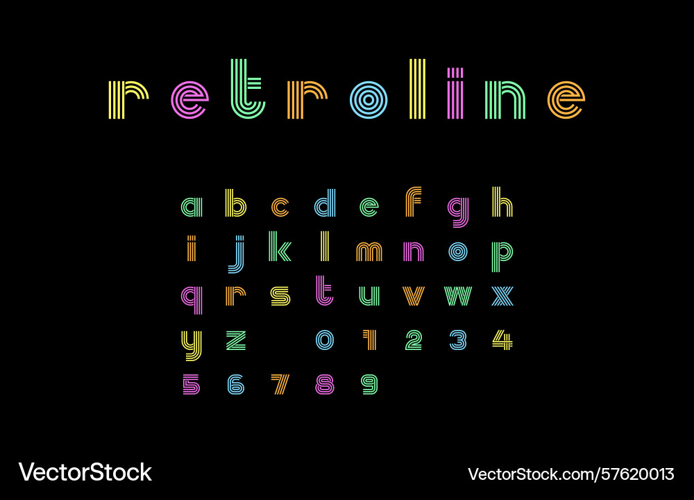 Lowercase retro line font with neon color accents Lowercase retro line font with neon color accents vector image