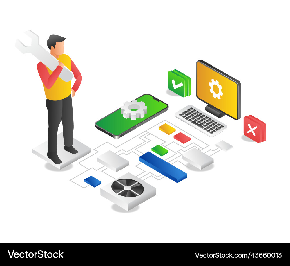 Man maintaining application technology network Man maintaining application technology network vector image