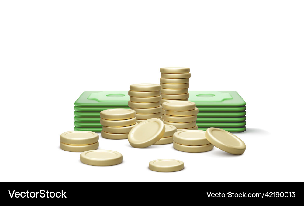 Stack of coins and paper currency 3d render Stack of coins and paper currency 3d render vector image