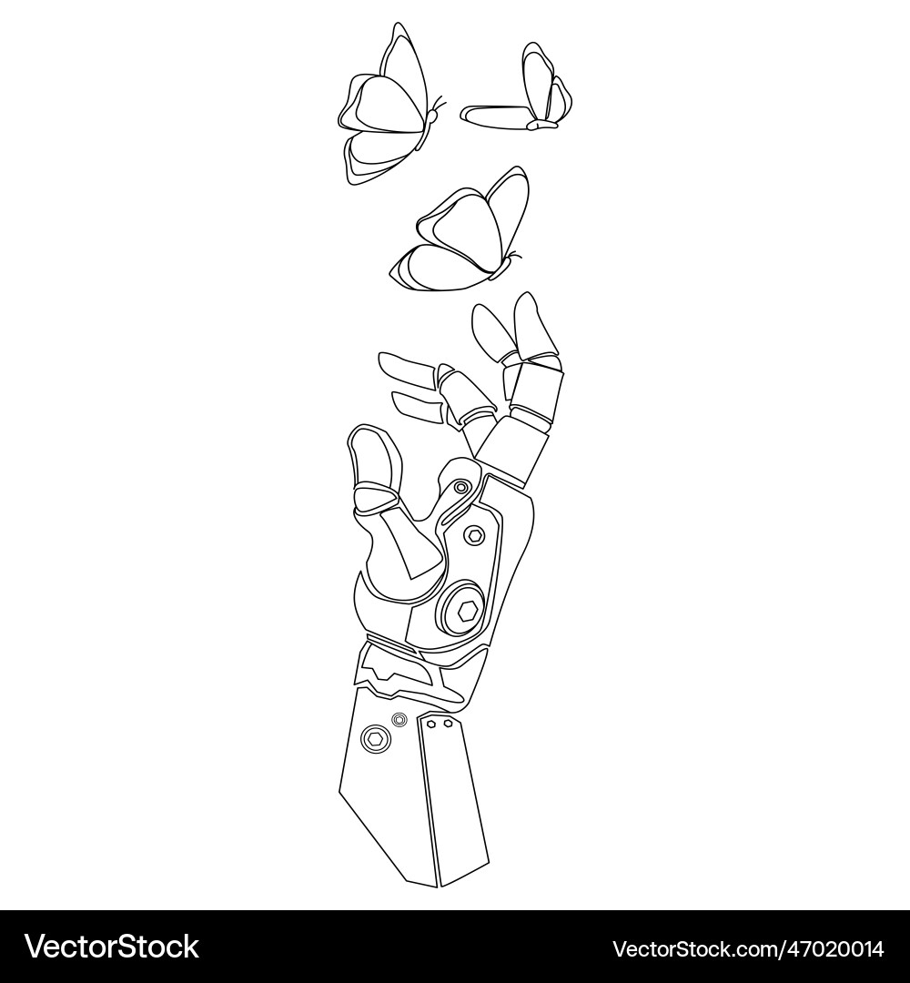 Bionic robotic hand touches flying butterflies vector image