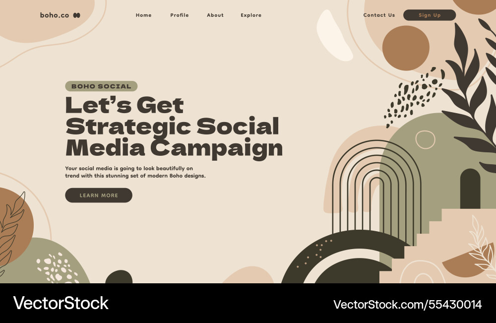 Boho style landing page with abstract shapes vector image