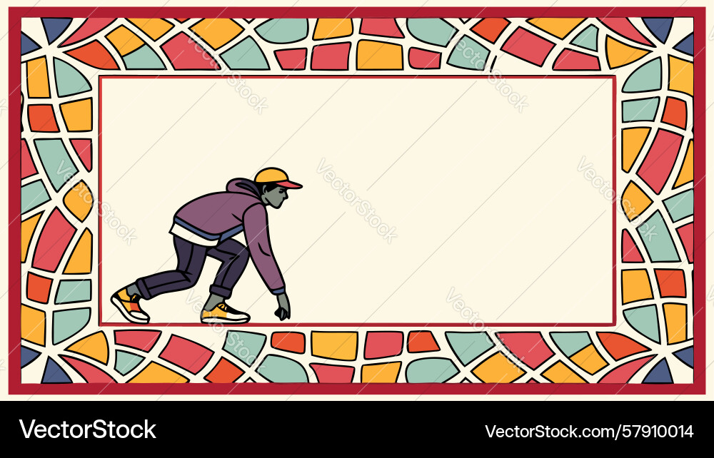 Child running in vibrant geometric border frame Vector Image