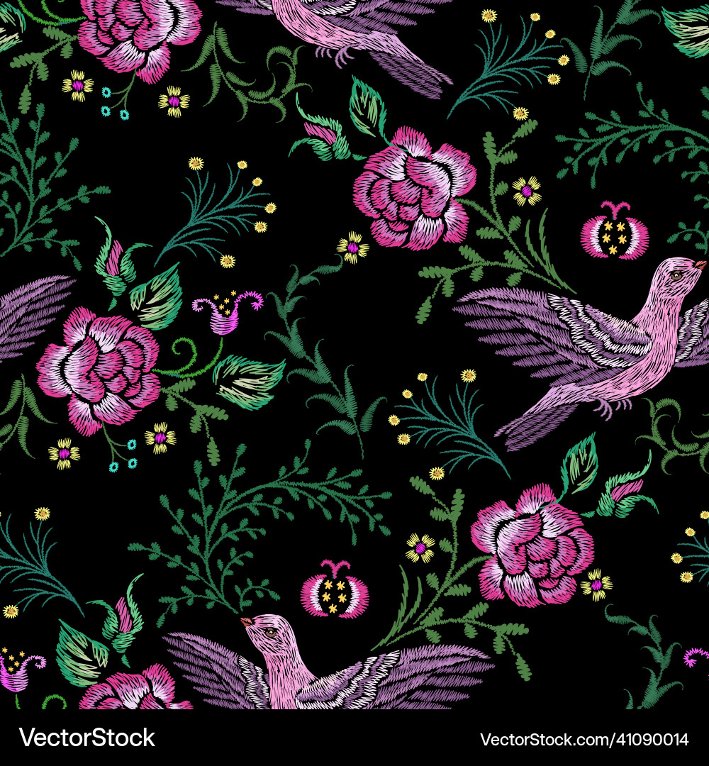 Floral birds pattern embroidery bird and rose Vector Image