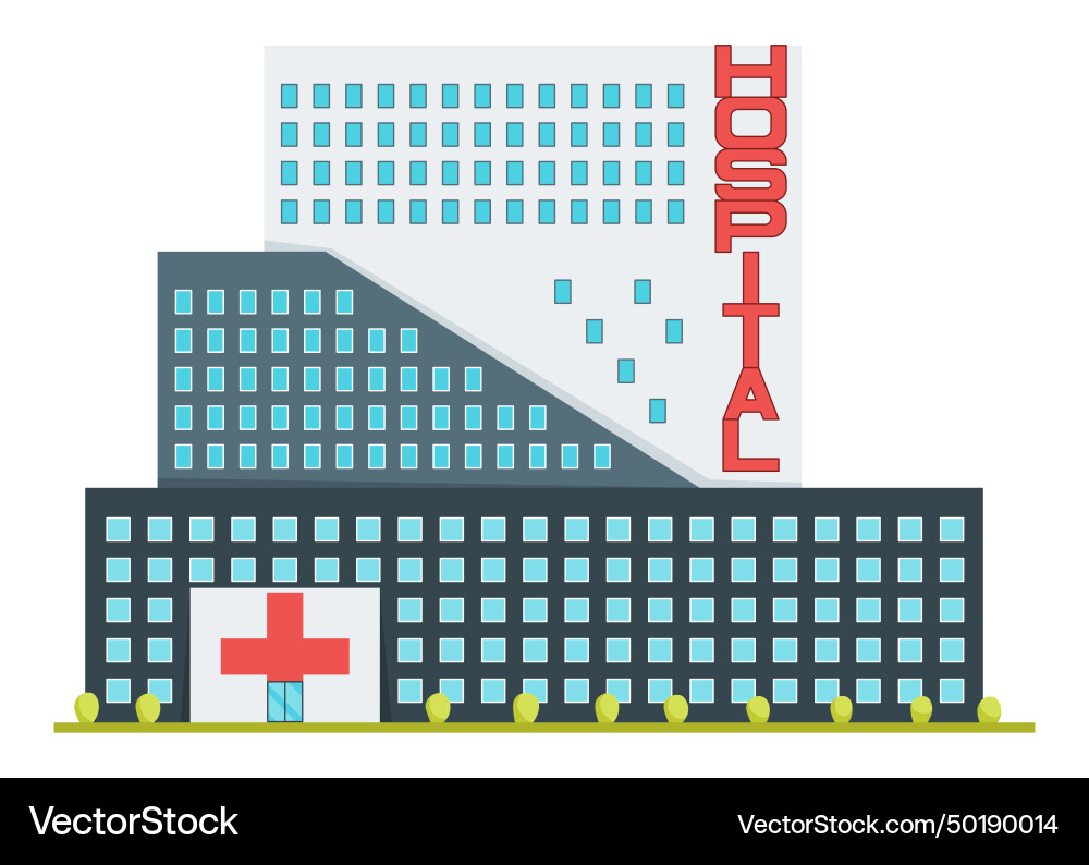 Hospital exterior front view with entrance in flat Hospital exterior front view with entrance in flat vector image