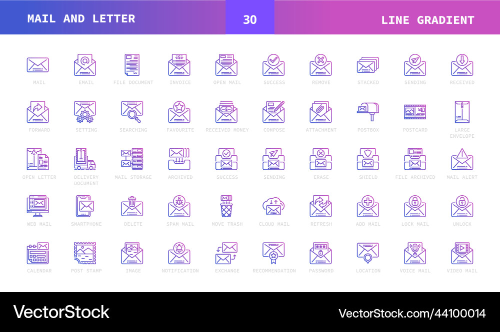 Mail and letter line gradient style icons set Mail and letter line gradient style icons set vector image