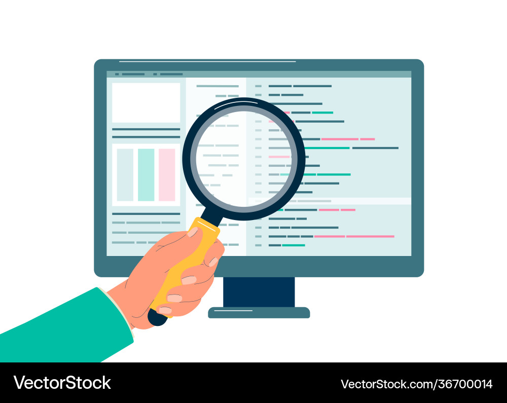 Programmer Inspecting Code with Magnifier vector image