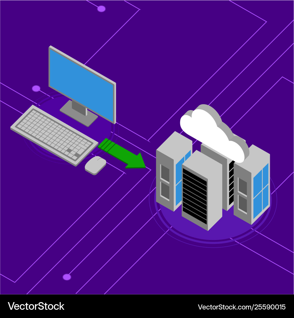 Computer connected to a 3d cloud computing network Vector Image