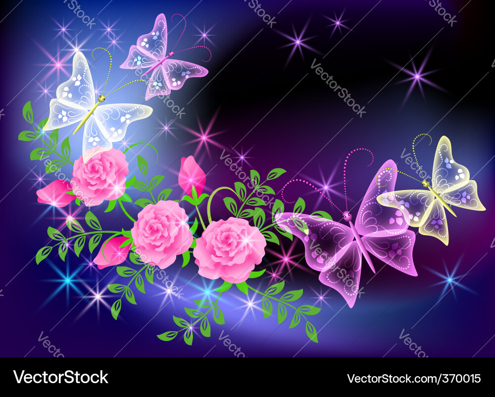 Glowing Transparent Flowers and Butterflies Vector Image