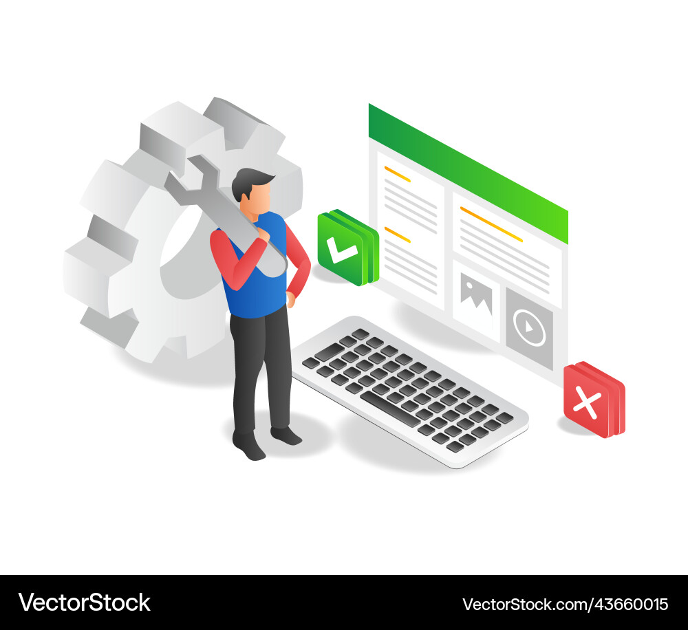 Man maintaining computer web application vector image