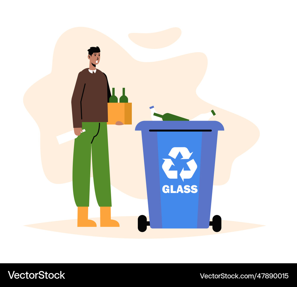 Man throws glass bottles into container Man throws glass bottles into container vector image