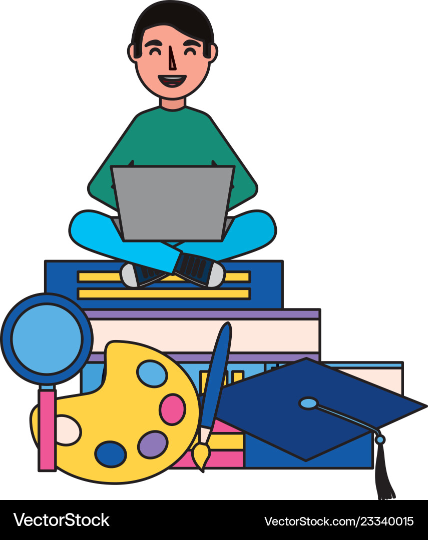 Man using laptop with books Vector Image