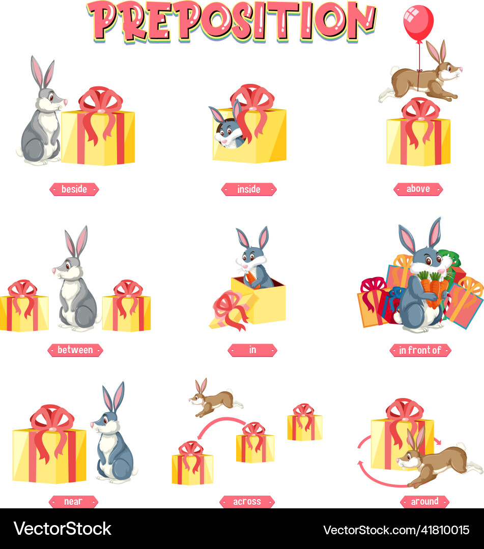Präposition Wortkarte mit Hase und Geschenkbox Präposition Wortkarte mit Hase und Geschenkbox Vektorbild