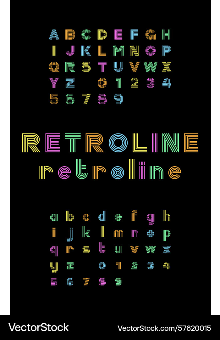 Retroline neon display font with multicolor Retroline neon display font with multicolor vector image