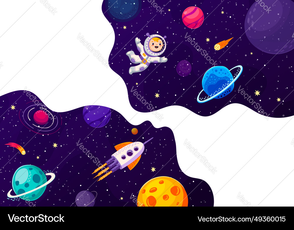 Space banner cartoon astronaut starship in galaxy Space banner cartoon astronaut starship in galaxy vector image