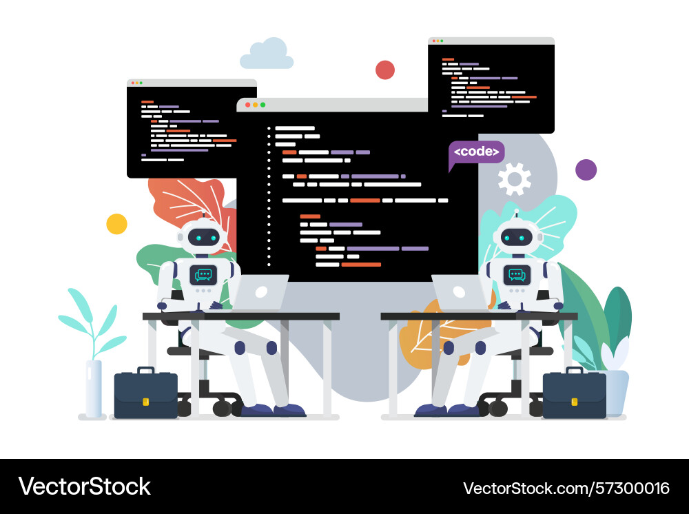 Androids programmer writing code on laptop Androids programmer writing code on laptop Vector Image