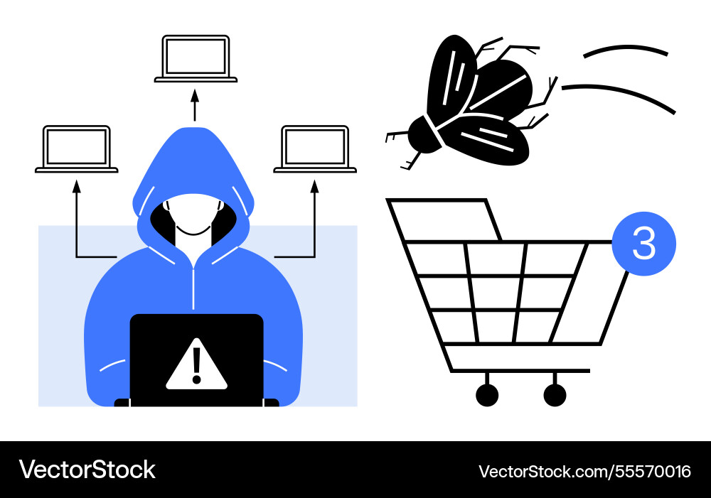 Hacker in hoodie with laptop and alert symbol bug Hacker in hoodie with laptop and alert symbol bug vector image