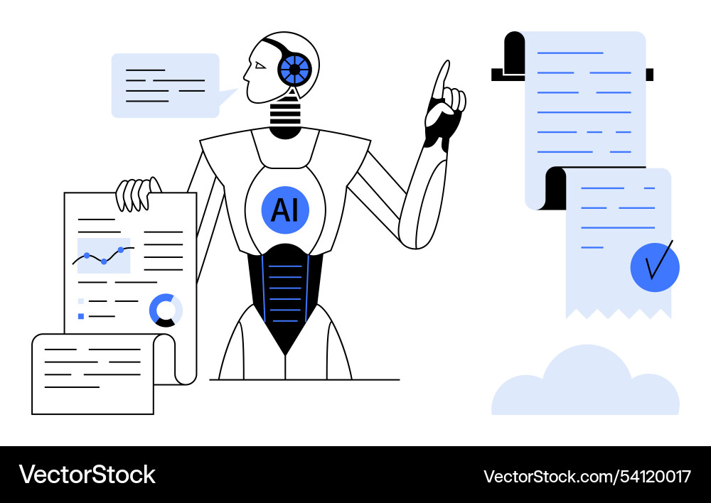 Ai robot analyzing data with charts and documents Ai robot analyzing data with charts and documents vector image