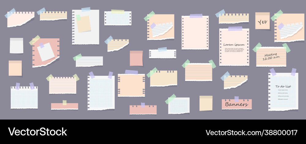 Sticky notes memo messages torn paper sheets Sticky notes memo messages torn paper sheets vector image