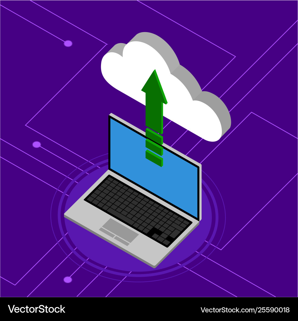 Laptop uploading to a 3d cloud computing icon vector image