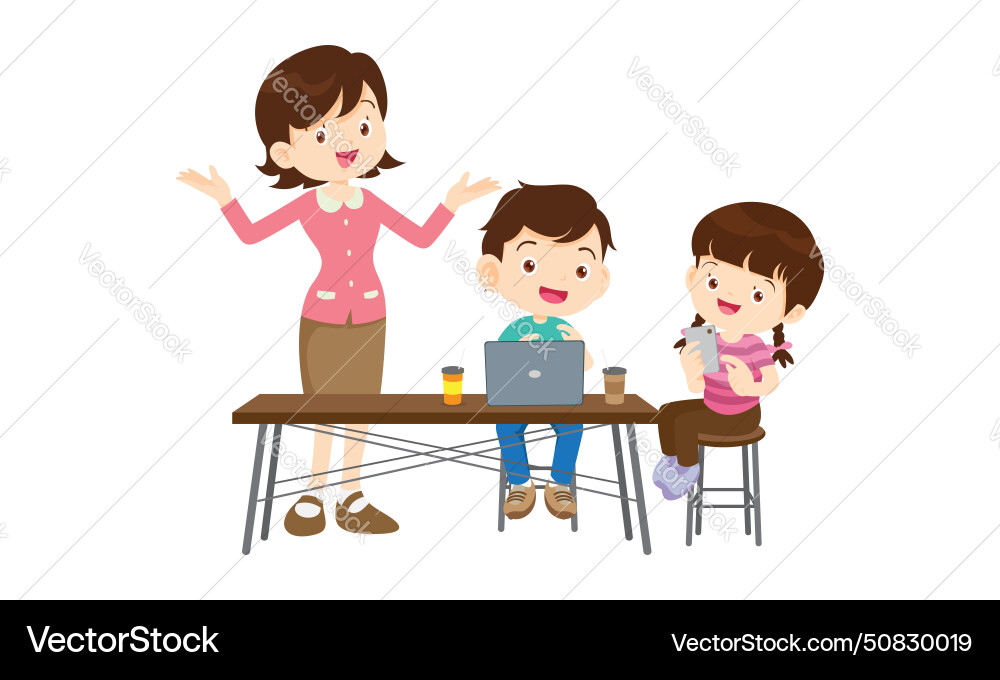 Teacher and kids learning computer technology Vector Image