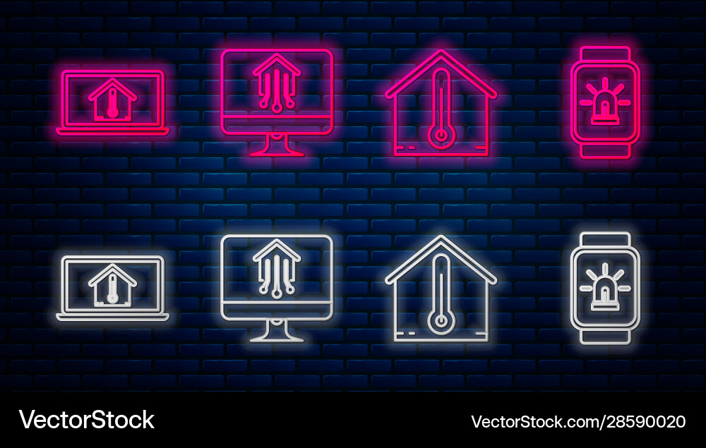 Set line computer monitor with smart home house Vector Image