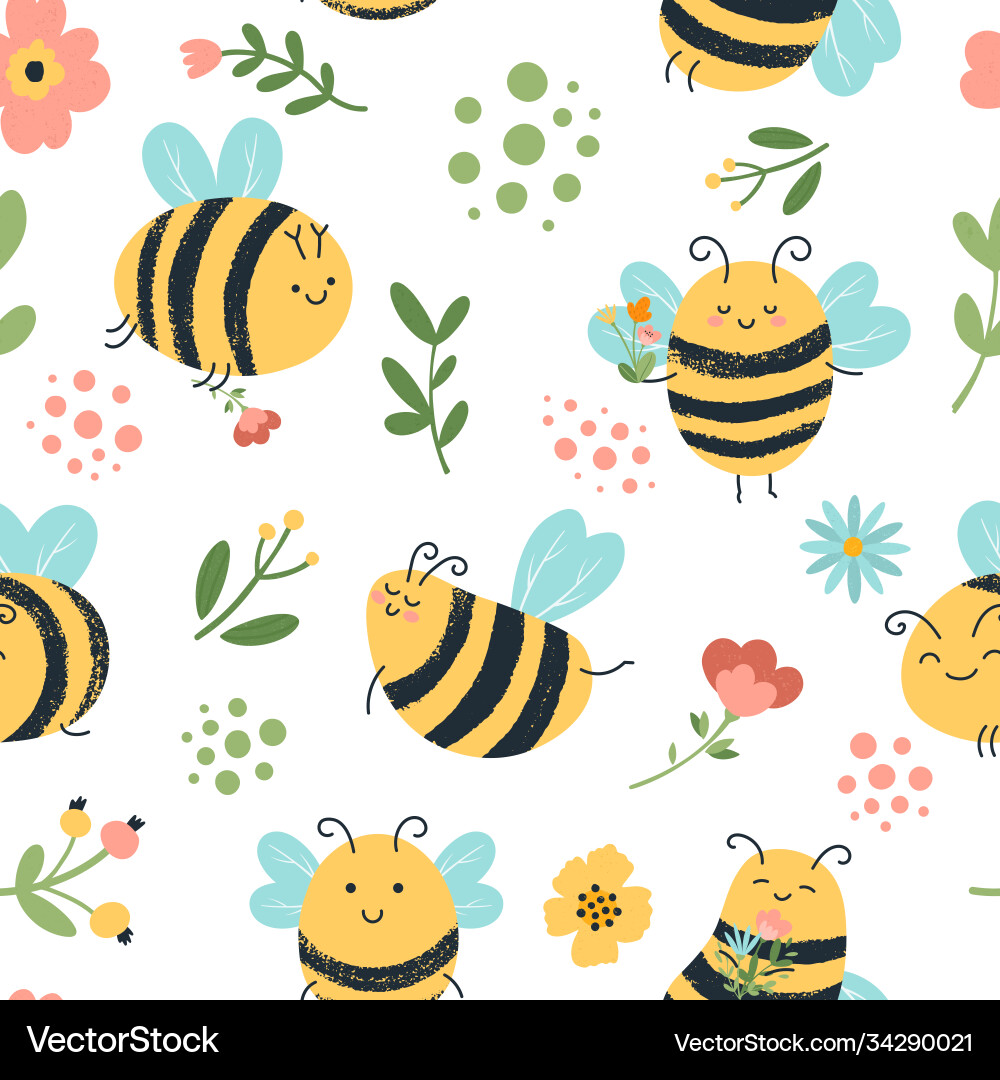 Bees seamless pattern cute hand drawn honey Vector Image