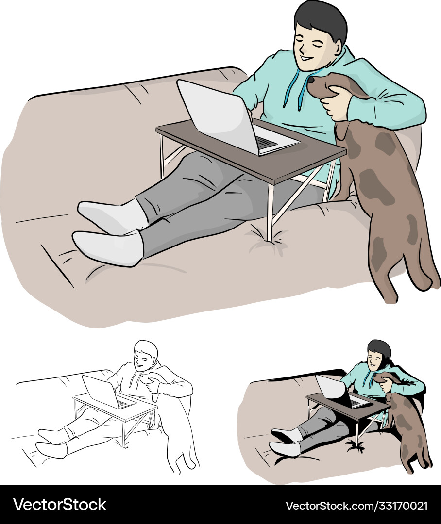 Man working on computer at home with dog Man working on computer at home with dog vector image