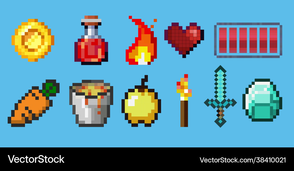 Set pixel objects potion bottles fire vector image