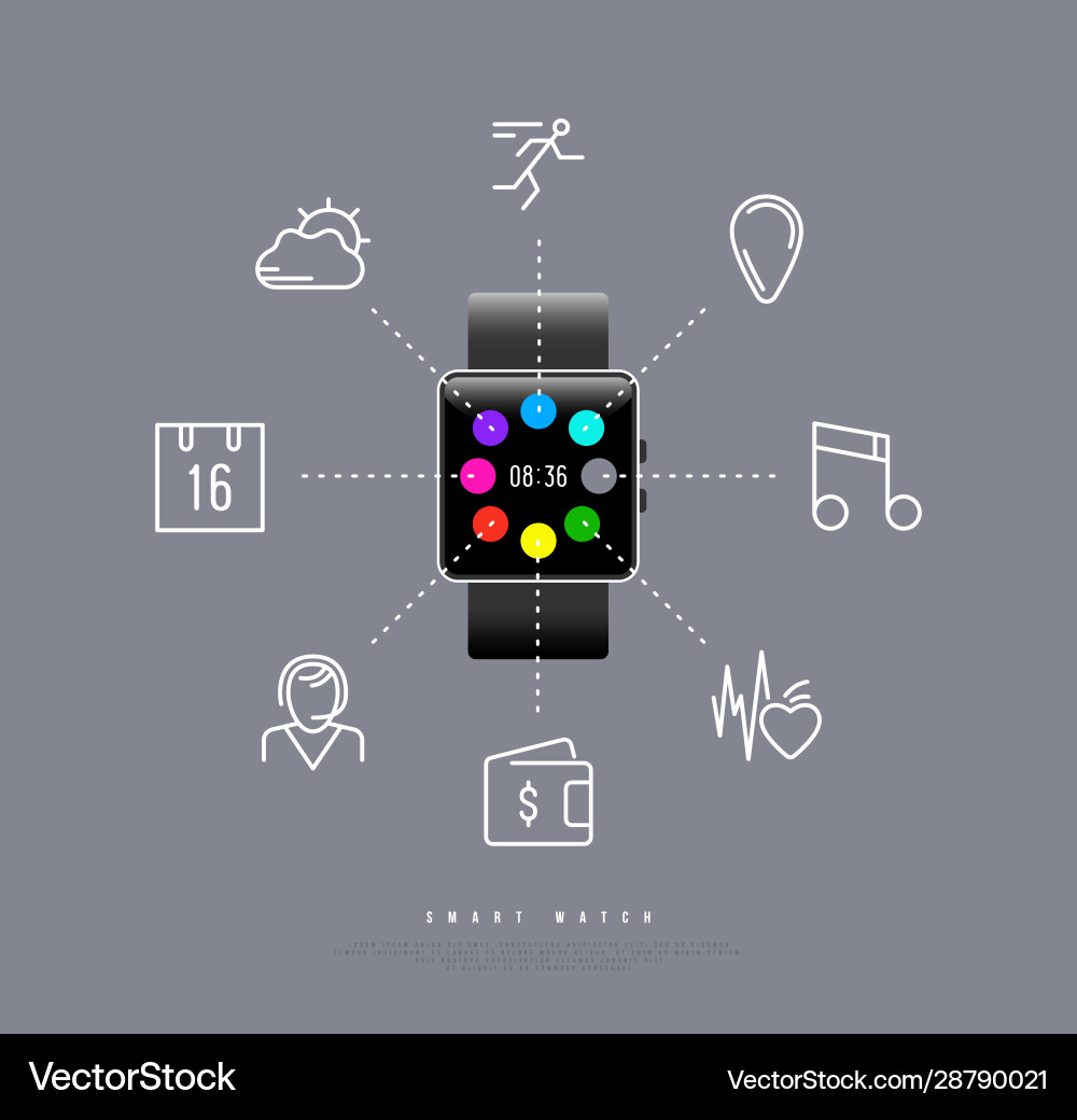 Smart watch with square display and icons Smart watch with square display and icons vector image