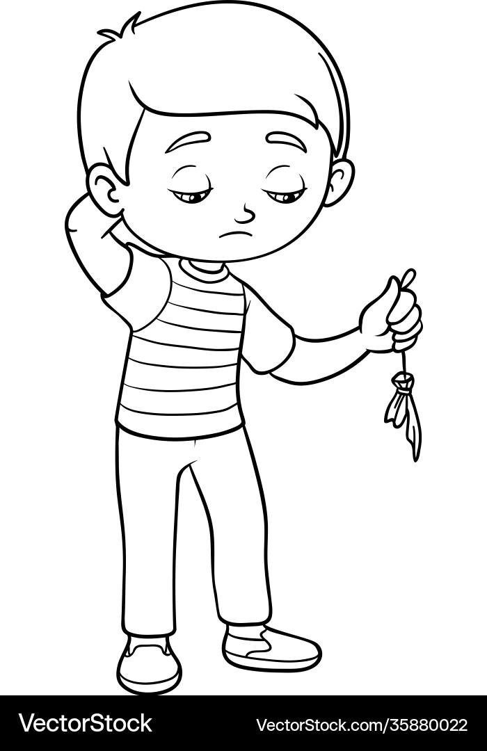 Coloring book sad boy hold burst balloon Coloring book sad boy hold burst balloon vector image