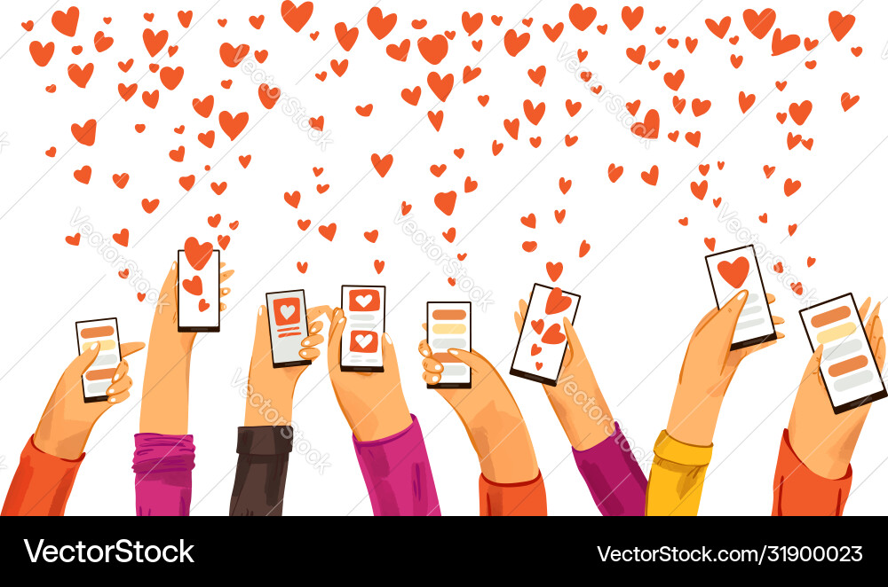 Human hands rised up with smartphone dating app vector image