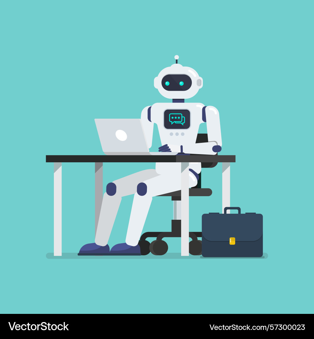 Robot is working on a laptop computer at office Vector Image