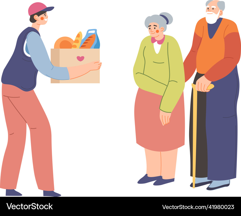 Volunteer helping senior people food delivery Volunteer helping senior people food delivery vector image