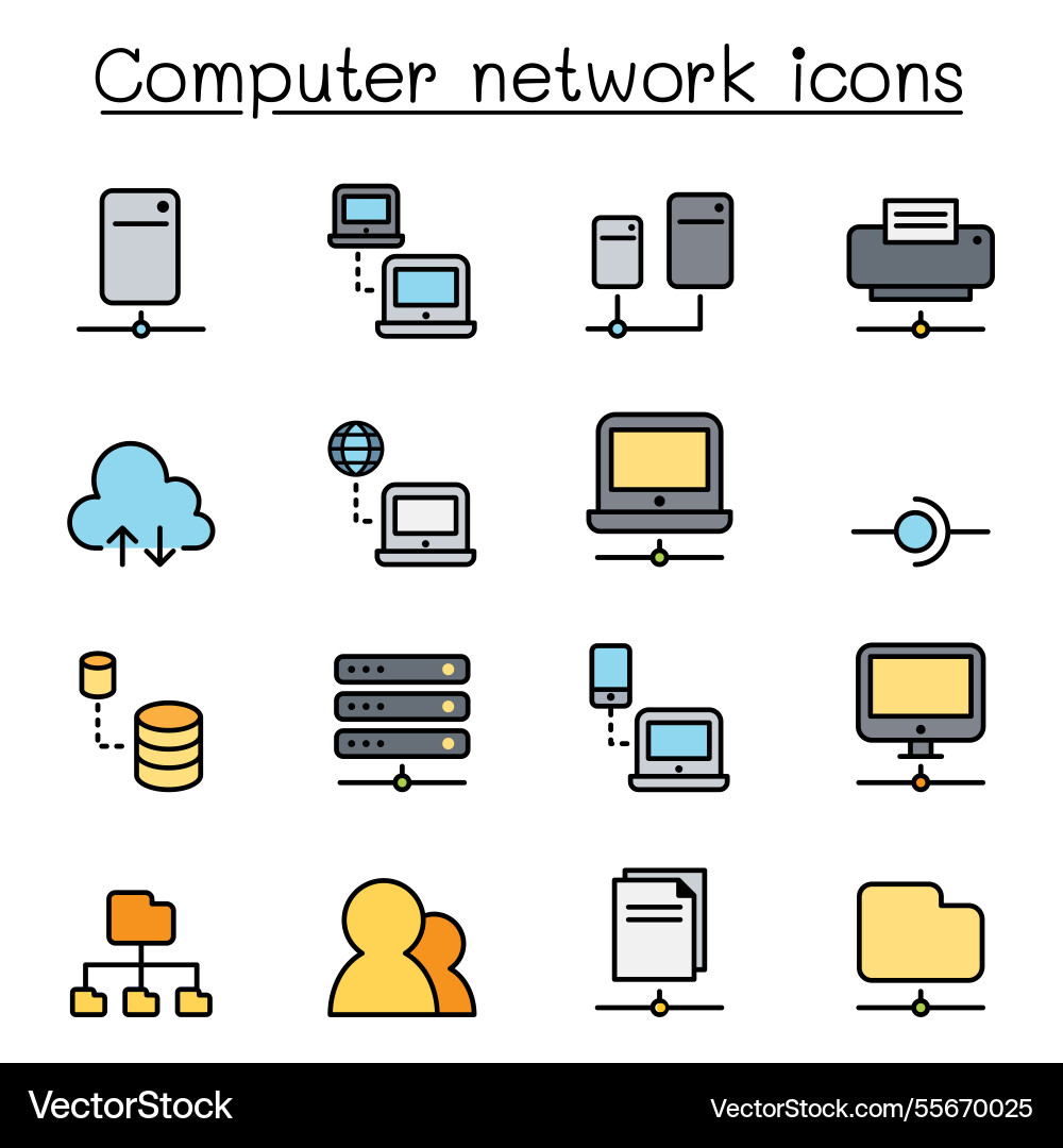 Computer network icon set in color line style Computer network icon set in color line style vector image