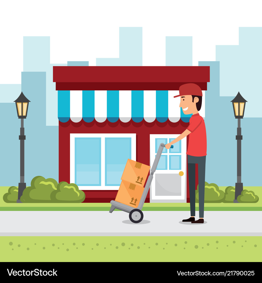 Delivery worker with cart boxes character Delivery worker with cart boxes character vector image