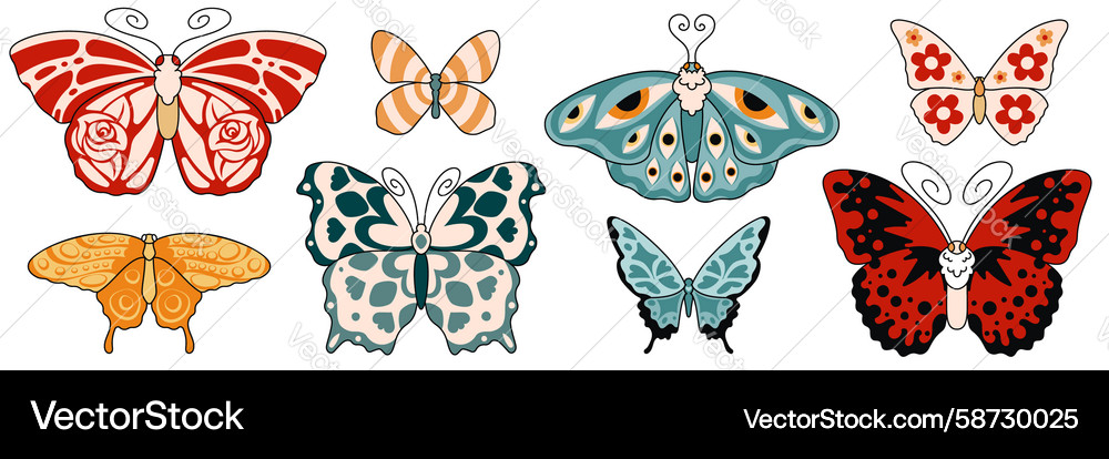 Groovy butterfly collection with retro patterns Groovy butterfly collection with retro patterns Vector Image