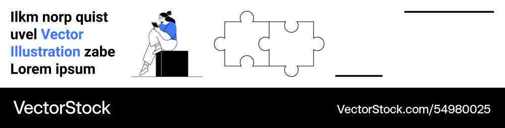 Puzzle pieces and person reading on block text Puzzle pieces and person reading on block text Vector Image