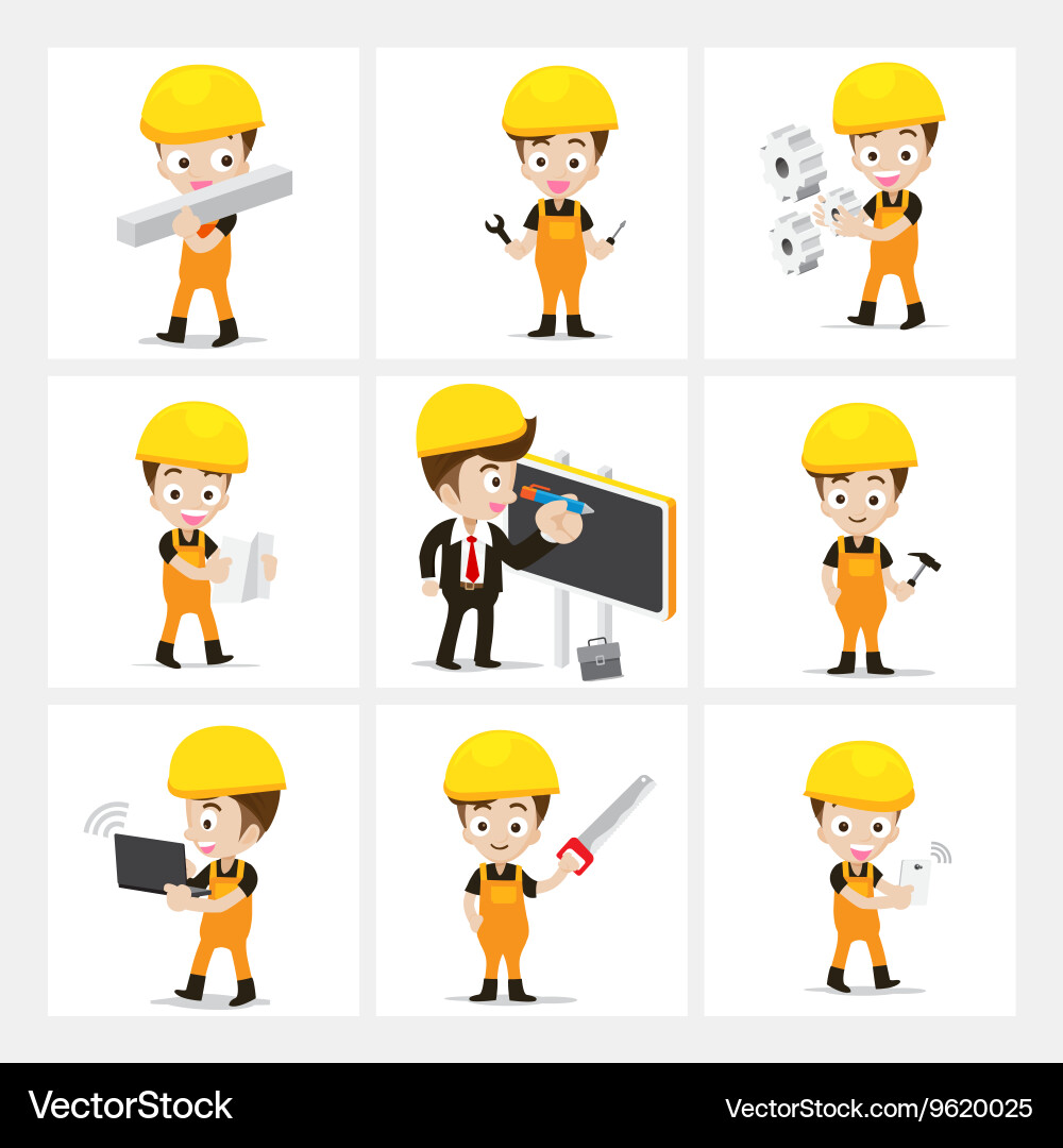 Set of 9 engineer and labor worker in difference vector image