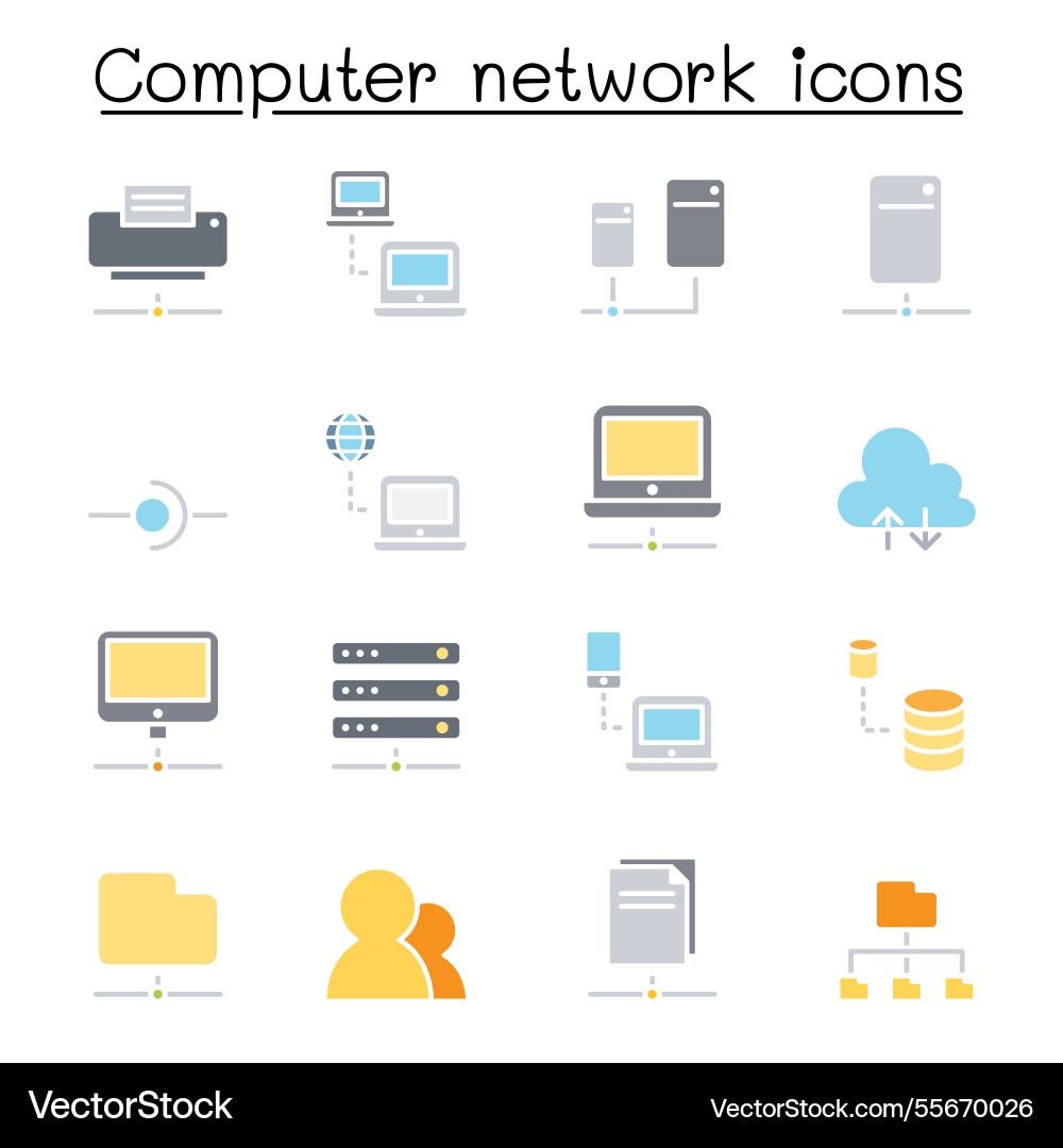 Computer network icon set in flat color style Computer network icon set in flat color style vector image