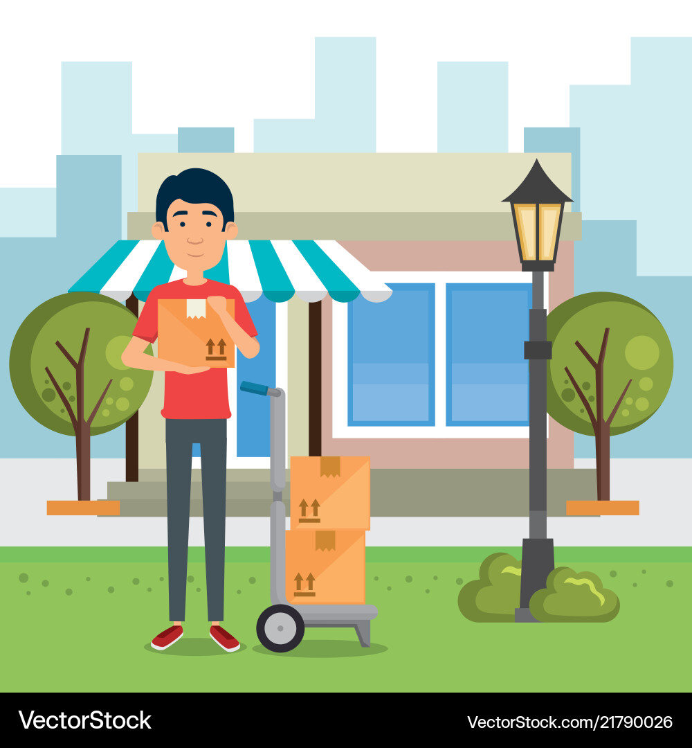 Delivery worker with cart boxes character Delivery worker with cart boxes character vector image