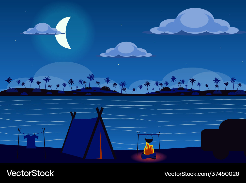 Zelt an der Küste tropische Insel in der Nacht Zelt an der Küste tropische Insel in der Nacht vektorbild