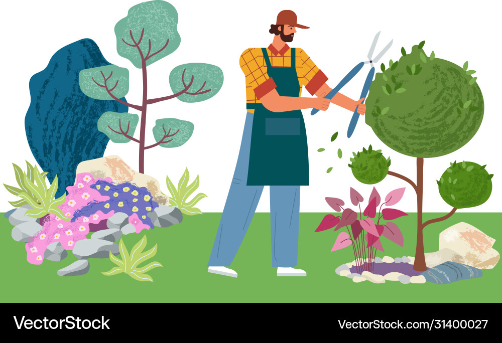 Gardener cuts a tree pruning bushes and garden Gardener cuts a tree pruning bushes and garden vector image