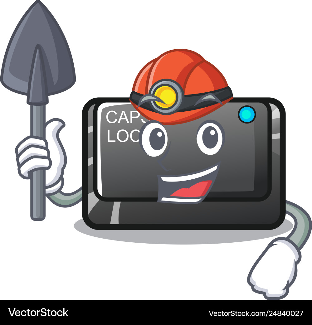 Miner capslock button attached to mascot keyboard Miner capslock button attached to mascot keyboard Vector Image