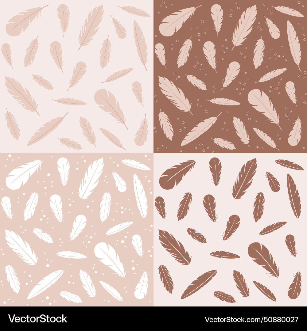Set of seamless patterns with feathers in beige Vector Image