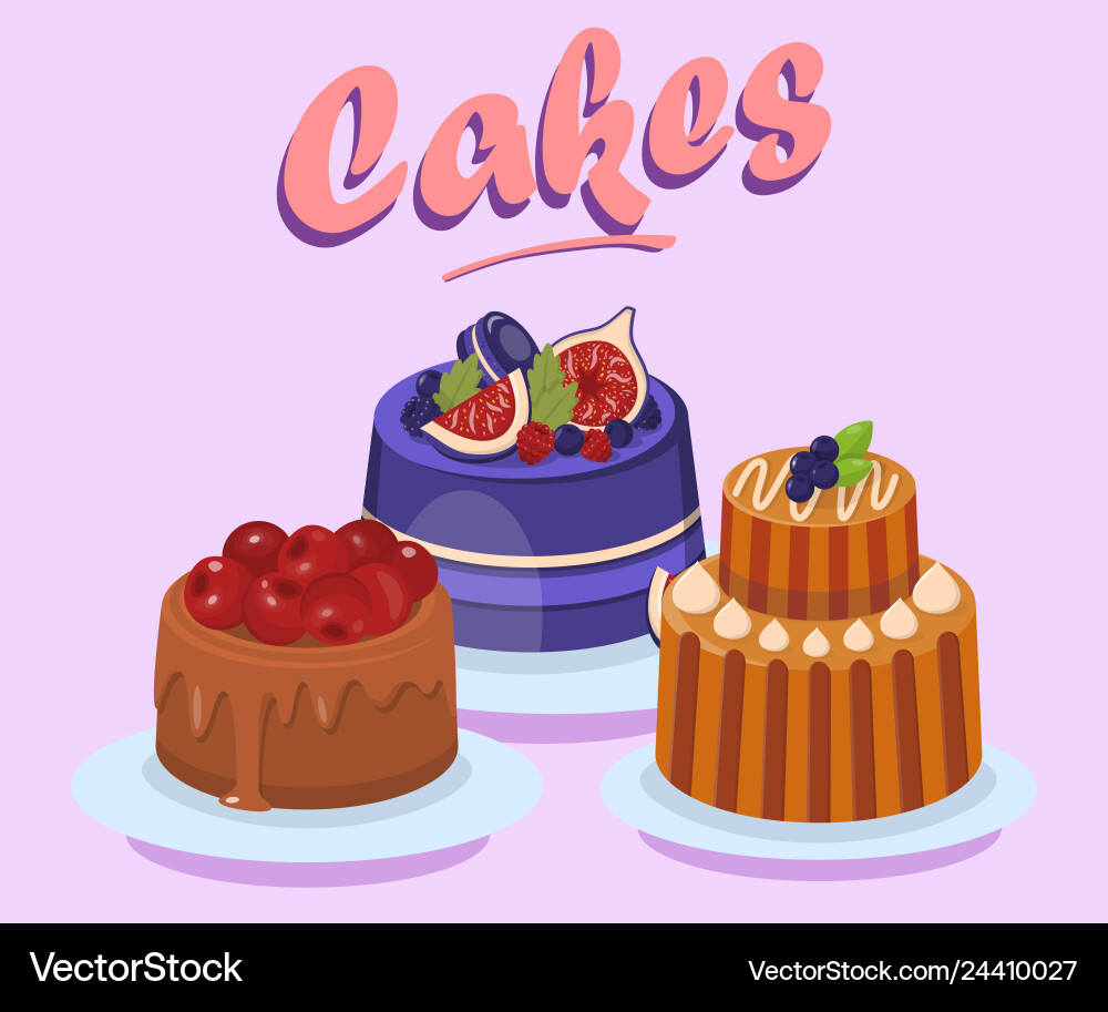 Various delicious cakes flat Royalty Free Vector Image
