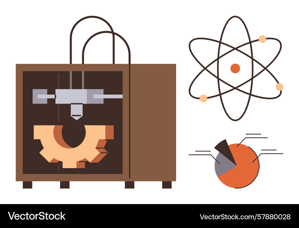 3d printer creating gear with atomic model and pie 3d printer creating gear with atomic model and pie vector image