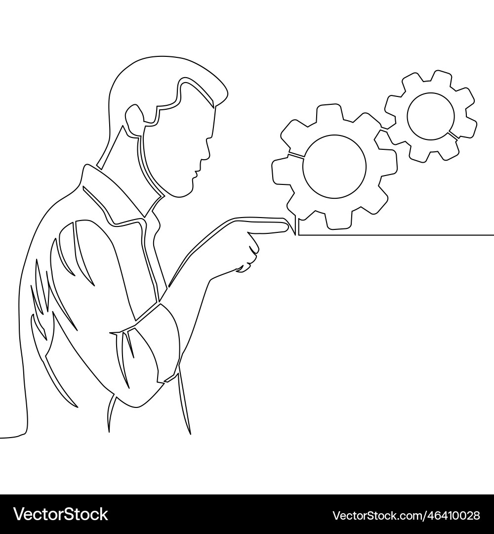 Continuous line drawing man pointing the gears Continuous line drawing man pointing the gears vector image
