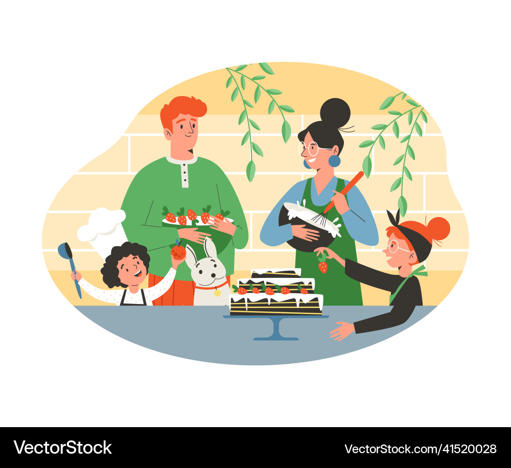 Family with children baking cake at home flat vector image