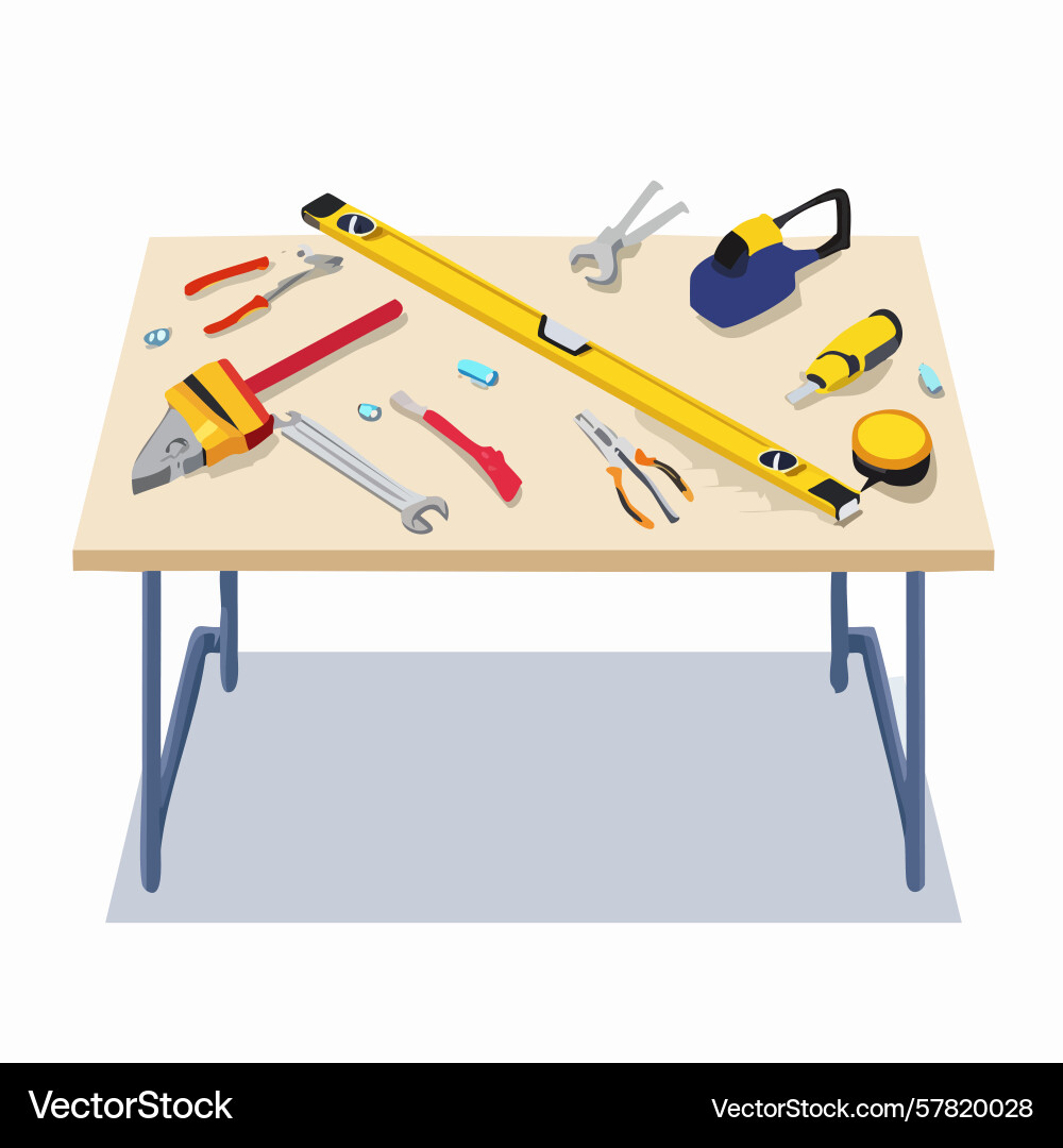 Isometric view of assorted tools on workbench Isometric view of assorted tools on workbench vector image