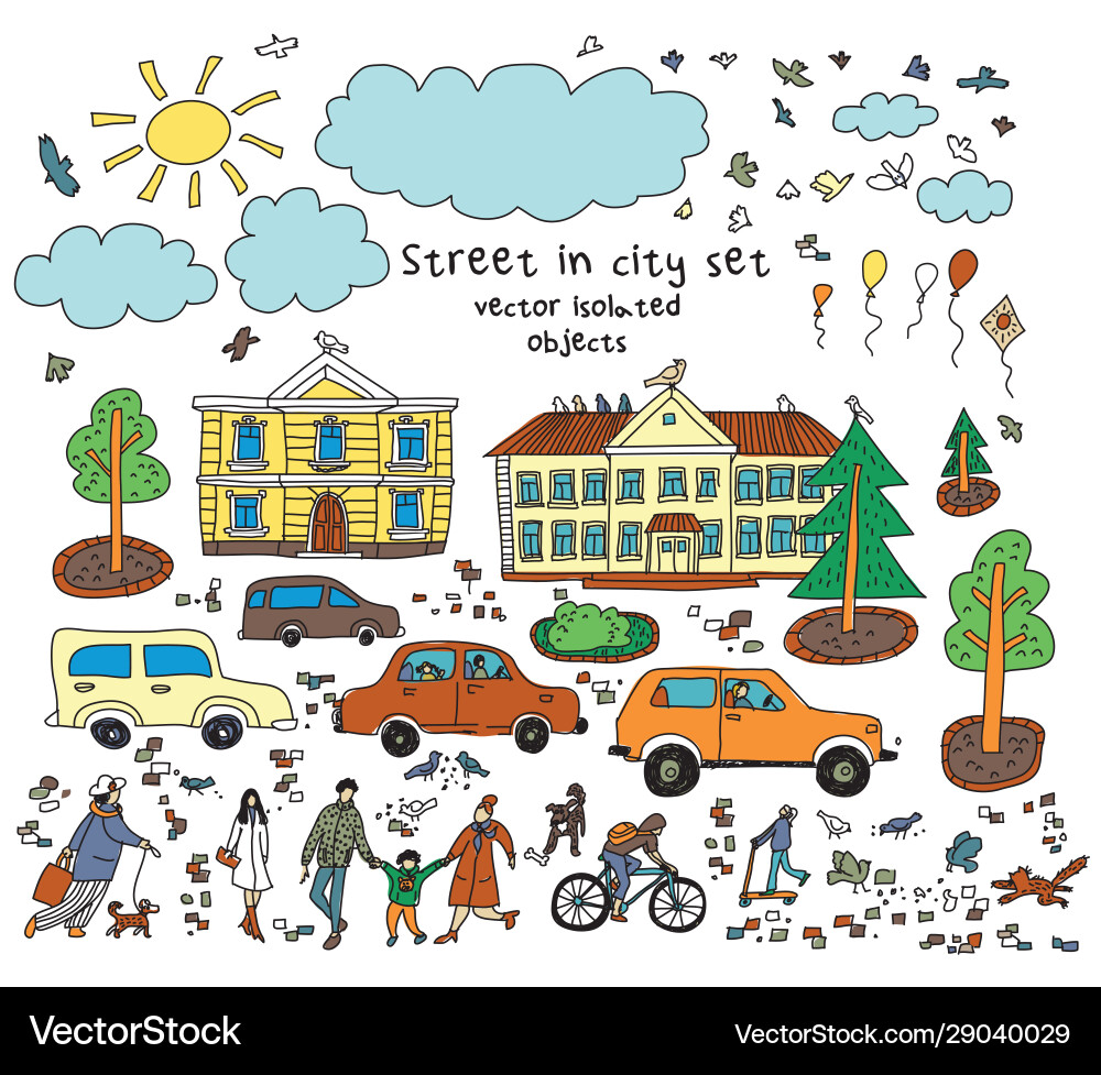 Doodles Street Sity Objekt Personen Autos Häuser Sonne Doodles Street Sity Objekt Personen Autos Häuser Sonne vektorbild